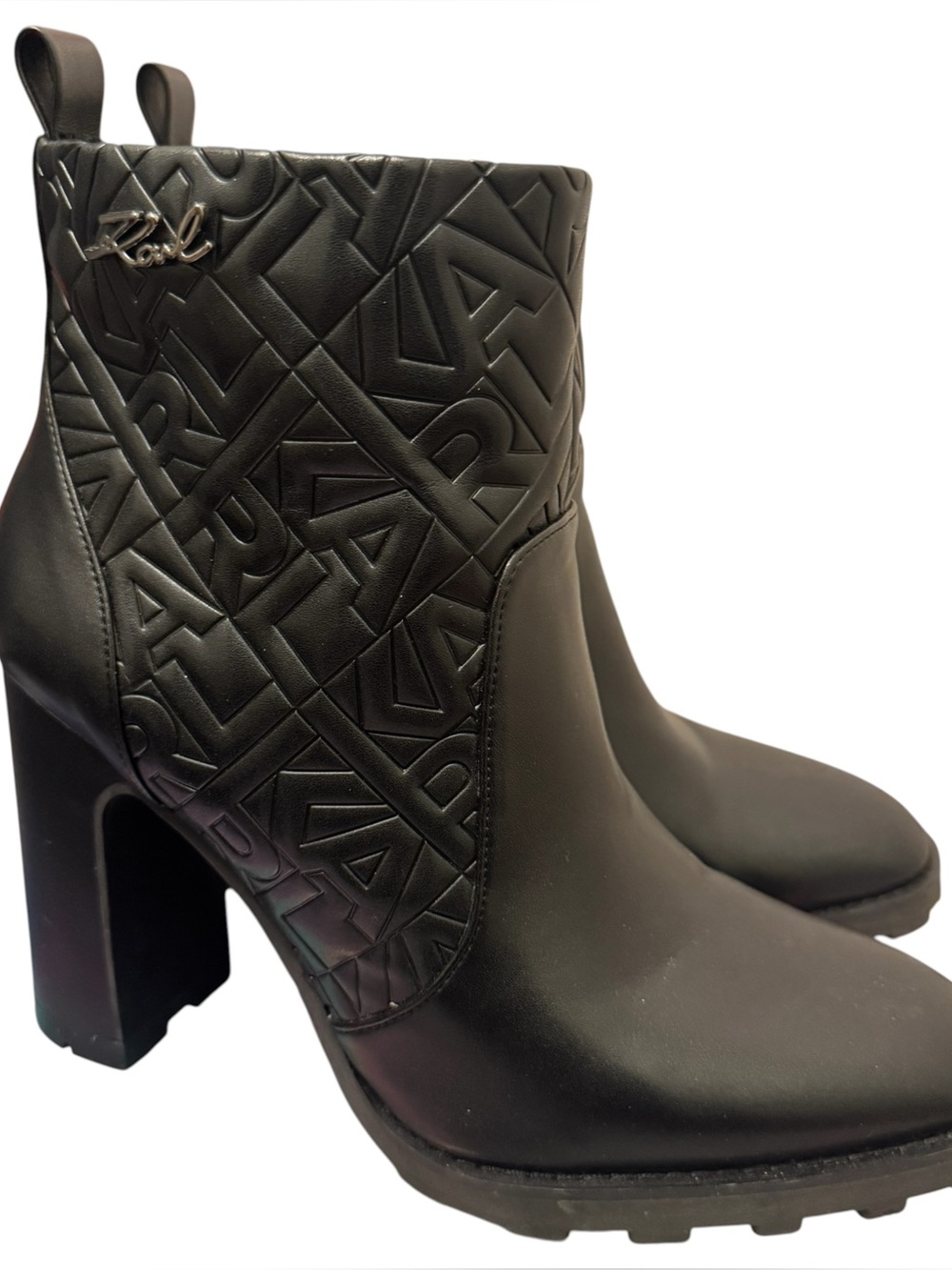Karl Lagerfeld Black Quilted Embossed Logo Leather Ankle Boots